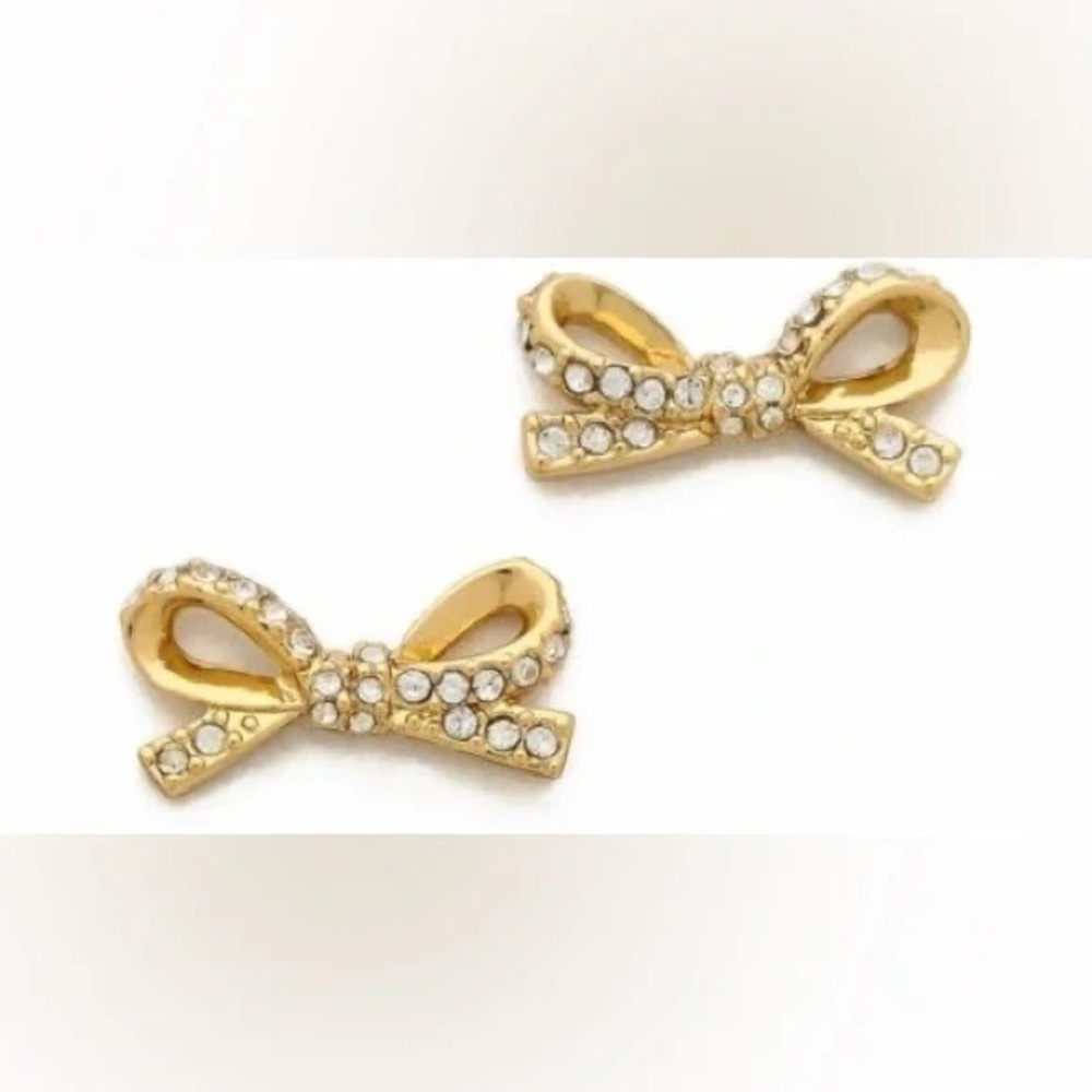 Kate Spade Gold Bow Ribbon Earrings w/white crystals